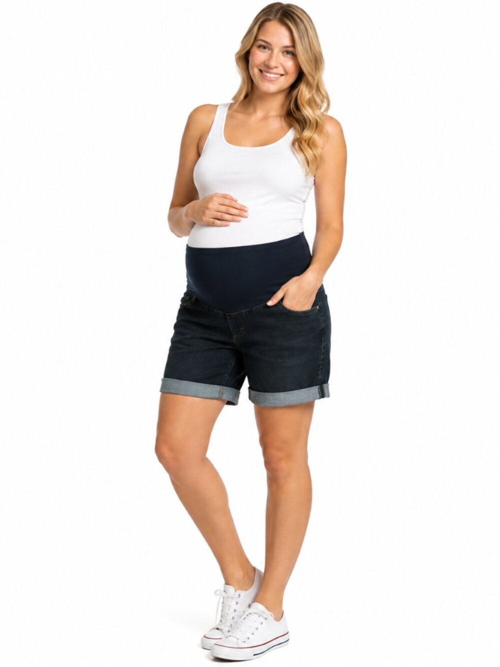 2/$20 Indigo Rein Maternity Denim Shorts Dark Wash Cuffed Full Belly Panel Sz M - Picture 1 of 12